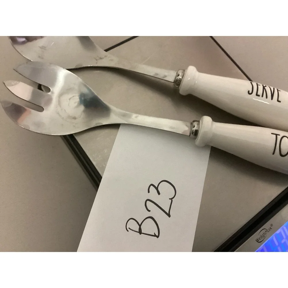 Rae Dunn Salad Servers Unisex OS White Silver Toss Serve Stainless‎ Ceramic 2pc